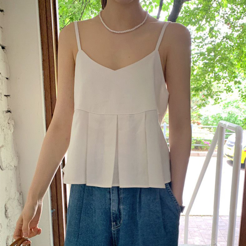 2022 summer new Korean sweet suspender women's pleated solid color sleeveless top