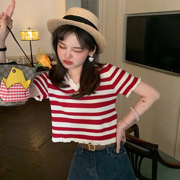 2023 new lace V-neck striped sweater women's summer design sense thin section ice silk short-sleeved T-shirt top ins
