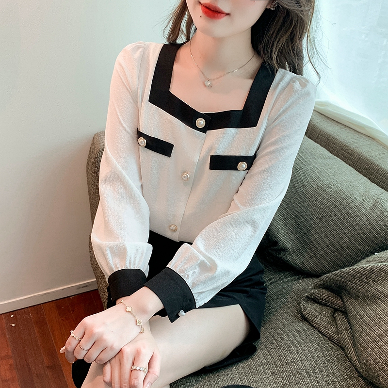 2022 spring new retro small fragrance feminine square neck color matching fashion versatile Long Sleeve Chiffon Top