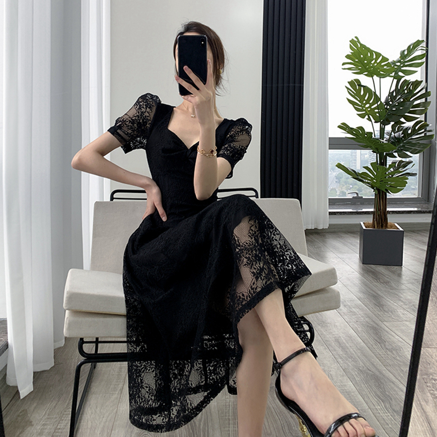 Black Dress Women's 2023 Summer New Square Neck French Vintage Hepburn Lace Dress