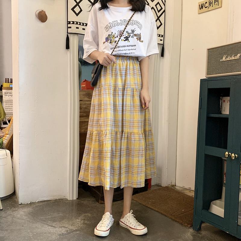 New summer student's mid long forest Plaid pleated skirt