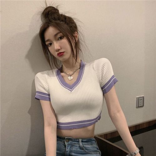 Short white T-shirt Korean chic upper garment women's wear spring 2022 new fashion Spice Girl V-neck short sleeve in