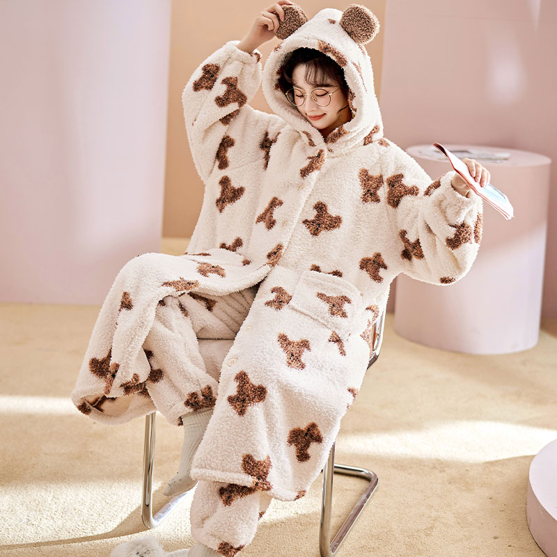 Real shot plush nightgown set female autumn and winter add thick cardigan two sets of net red home clothes