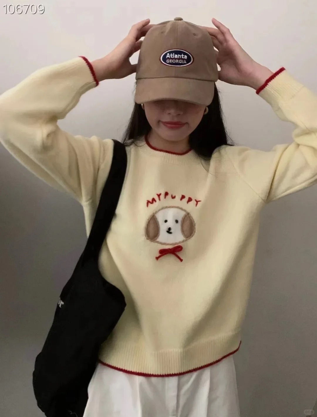 Autumn and winter bow tie cartoon puppy embroidery sweater women Korean style soft and versatile fresh knitted undershirt 