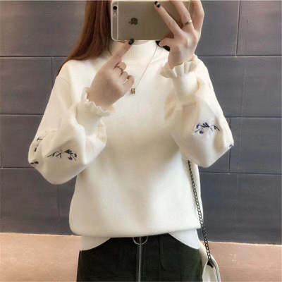 Pullover Sweater women's loose Lantern Sleeve embroidered knitwear autumn and winter new half height lotus collar bottoming shirt