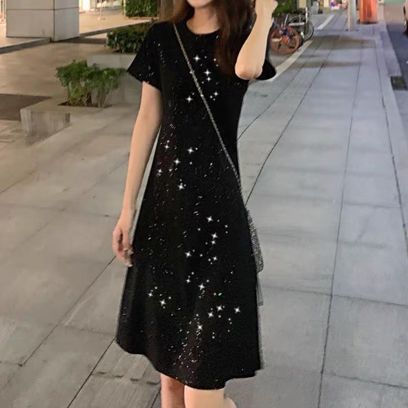 2023 new summer large size casual loose short-sleeved long t-shirt women's slimming knee-high sequined sparkling dress
