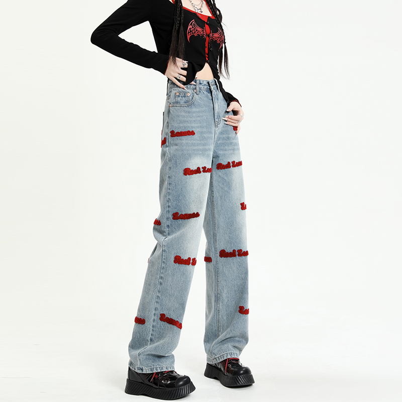 Real shot American embroidered jeans 2023 early spring new loose and thin design hot girl straight wide legs