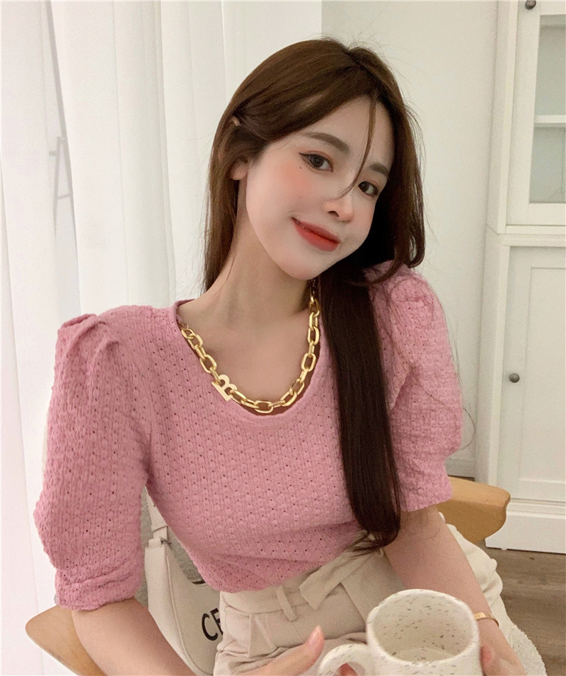 Real price ~ T-shirt women's sense of design niche short sleeve bottomed shirt slim fit short style chain top