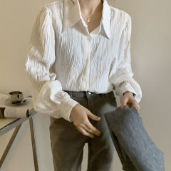 Salt retro pleated dark texture long sleeve shirt French style Lapel versatile commuter shirt