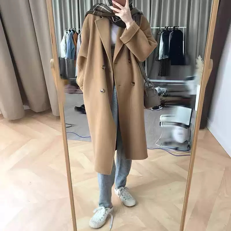 Camel double-sided cashmere coat women's medium long autumn and winter 2021 new loose knee short wool coat