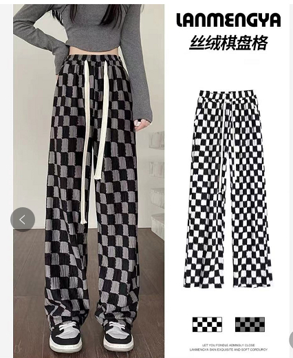 Official map Chenille 3D velvet checkerboard wide-leg pants women's spring and autumn high waist casual mopping straight pants plaid trousers