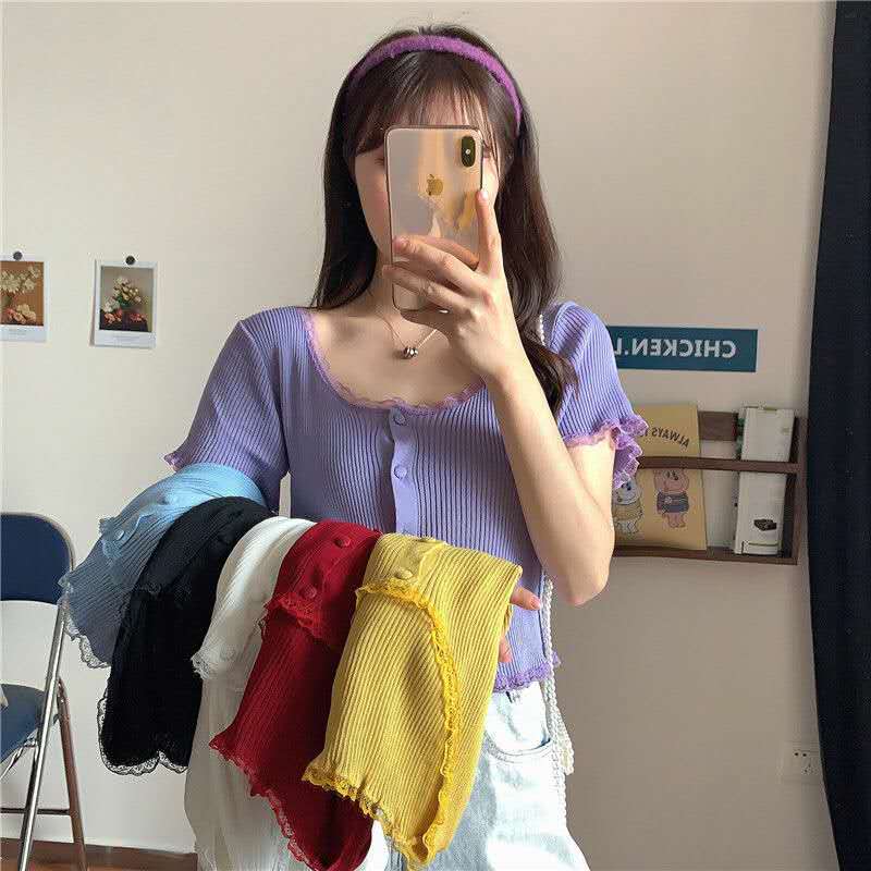2021 new net red lace square collar thin knitted shirt women's summer purple BM short cardigan