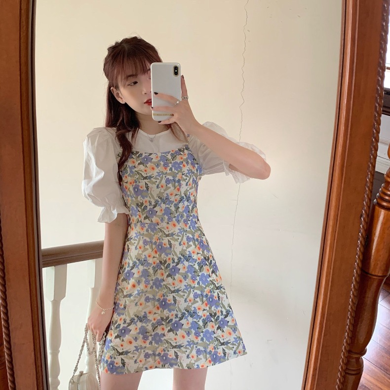 2021 summer new girls' sweet Mori floral suspender dress bubble sleeve top two piece suit