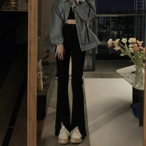 Black high-waisted slit jeans women's autumn ins new Korean version of the loose student all-match thin wide-leg pants trend