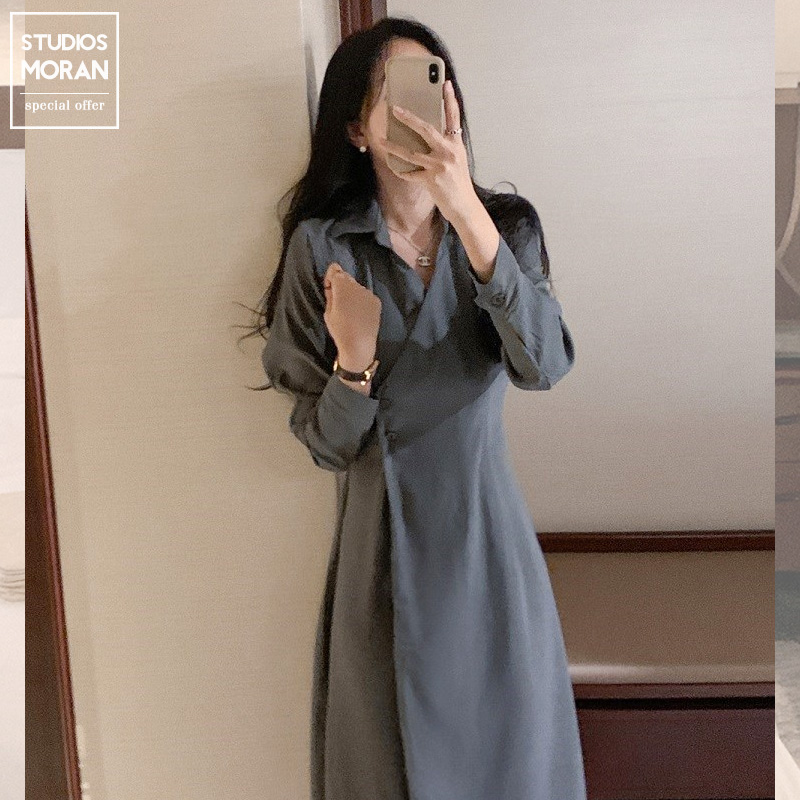 Korean spring dress stunning skirt high sense long skirt Lapel shirt design sense French female