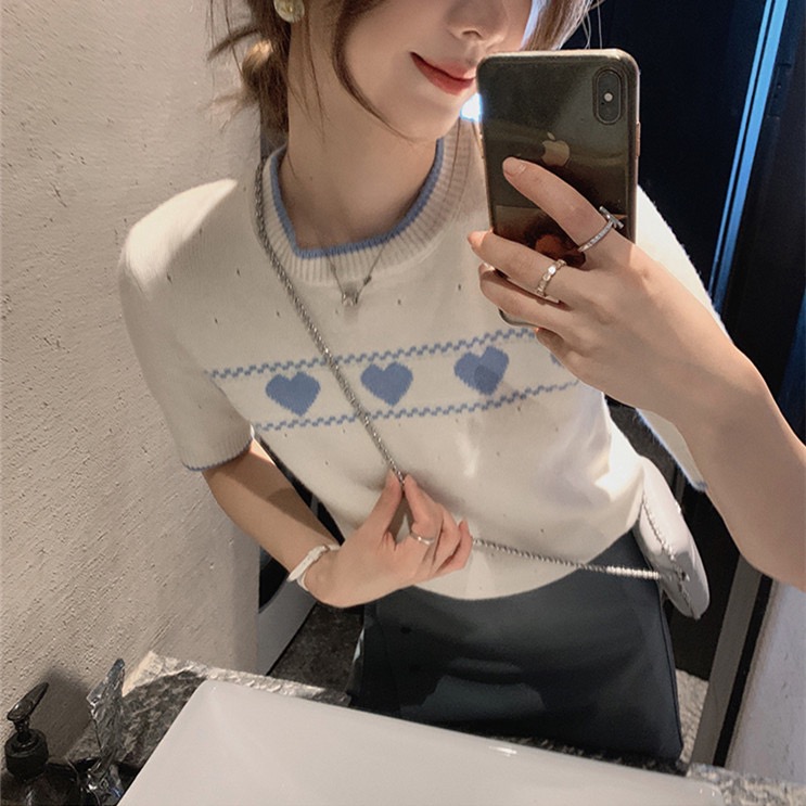 ASM Anna ◆ milk candy sweetheart ~ color contrast love V-neck wool knitted cardigan women's round neck short sleeved sweater