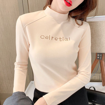 Women's warm half high collar bottoming shirt with fleece and warm in autumn and winter