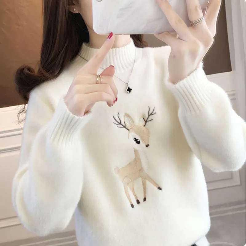2022 Winter Embroidered Sweater Girls Big Boys Junior High School Semi-high Collar College Style All-match Cartoon Sweet Girls Clothes