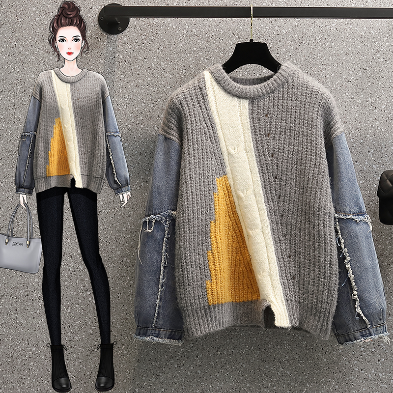 Real shot cowboy stitched sweater large women's 2021 new autumn and winter foreign style loose lazy style design top