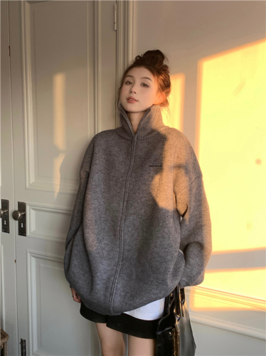 Real auction real price thickened cardigan letter xinmuzicun hooded stand-up collar lazy plus size women's sweater jacket