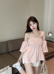 New style of gentle one-shoulder puff-sleeve tops, new slim and fashionable niche shirts