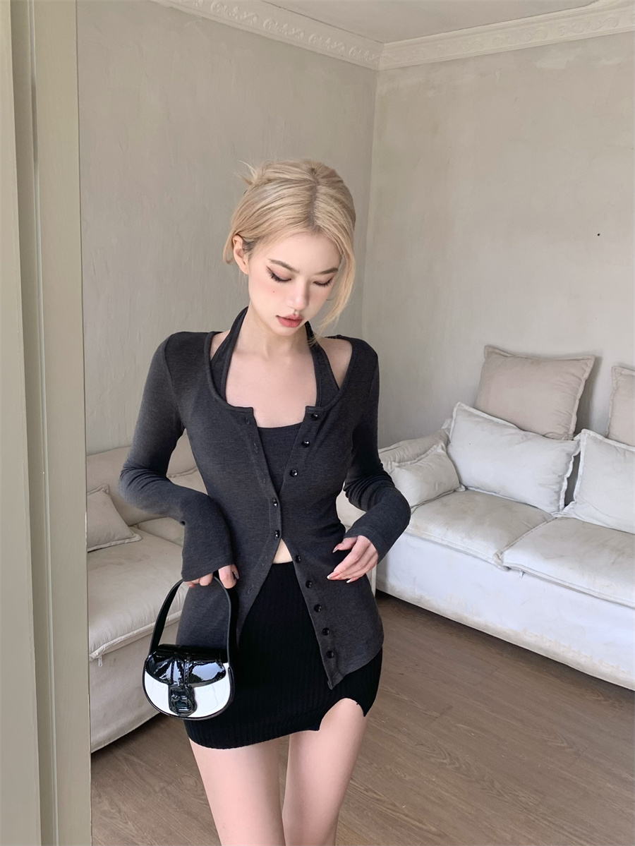 Real shot, net price, design sense, niche halter neck strapless fake two-piece top