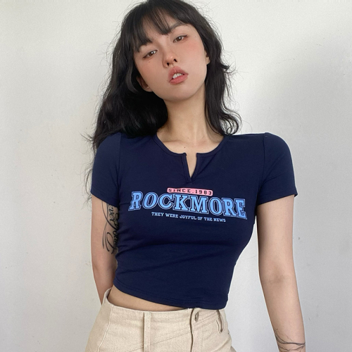 American Retro Blue V-neck letter printed short sleeve top women's short slim spicy girl T-shirt