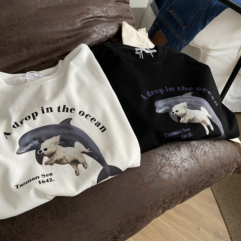 Ocean/designer series dolphin and puppy print short sleeve T-shirt loose ee
