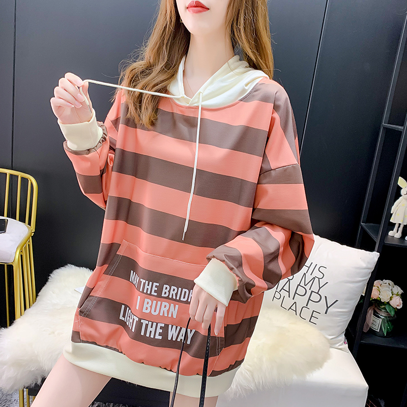 Real shooting cotton sweater 2021 new fat mm thin large ins rainbow stripe sweater women's 200kg belly covering top