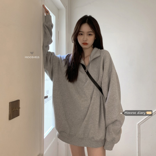 Fashion super fire gray long sleeve hoodie female autumn new lazy lazy wind polo collar loose medium long top female tide