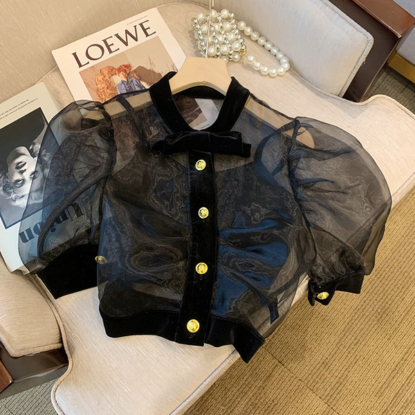 Official figure real price mesh sexy black small suspender shirt women's small bubble sleeve Spice Girl Top