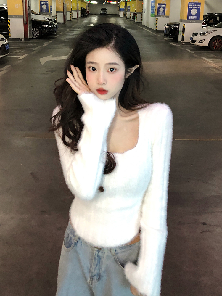 Pure desire style short long-sleeved sweater women's autumn new slim fit and thin design sense niche soft waxy knitted sweater top