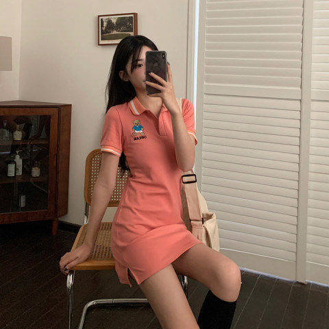 Summer and South Korea 2022 new polo collar bear embroidery close waist thin age reducing short sleeve dress children chic