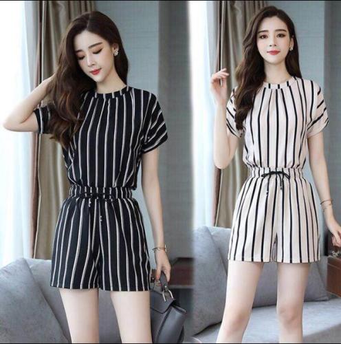Stripe large fashion slim short sleeve short pants fat casual two pieces