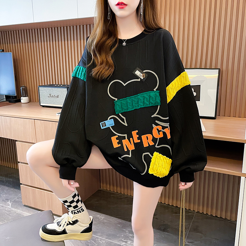 Real photo-autumn dress Korean version loose back bag collar polyester jacquard print bear plus size women's hoodie woman
