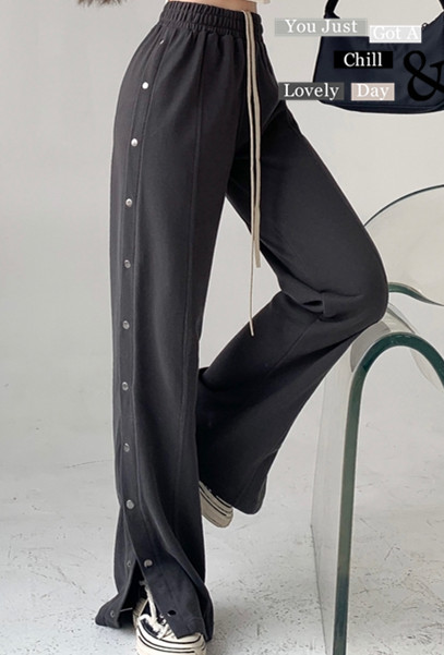 Side breasted casual pants women's loose grey straight pants autumn fashion high waist split sports wide leg pants