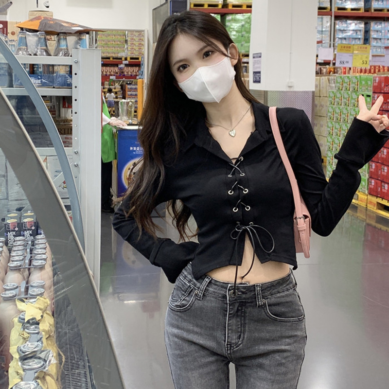 Polo collar long-sleeved short t-shirt women's spring and autumn hot girl straps look thin inner bottoming shirt top