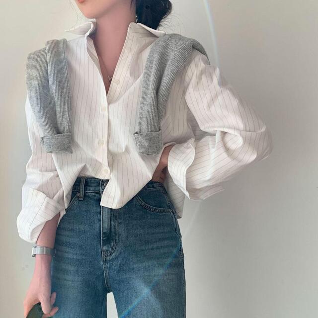 Korean chic spring new retro simple striped lapel long-sleeved shirt women's loose short section all-match shirt