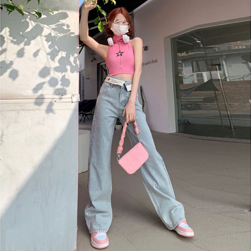 Real shot  spring new wide-leg jeans women's high waist fashion straight loose wide-leg mopping pants