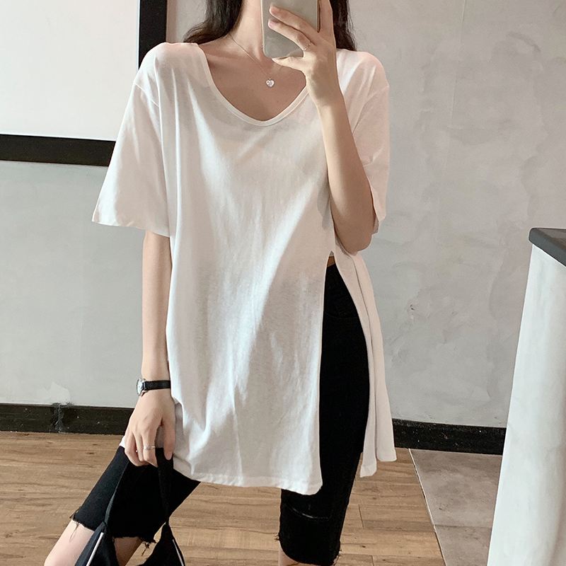 Real shooting summer new design idea small crowd split half sleeve loose collarbone top short sleeve girl