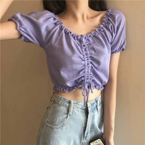Real shot real price new summer new ear side drawstring pleated one word collar navel exposed short Knitted Top