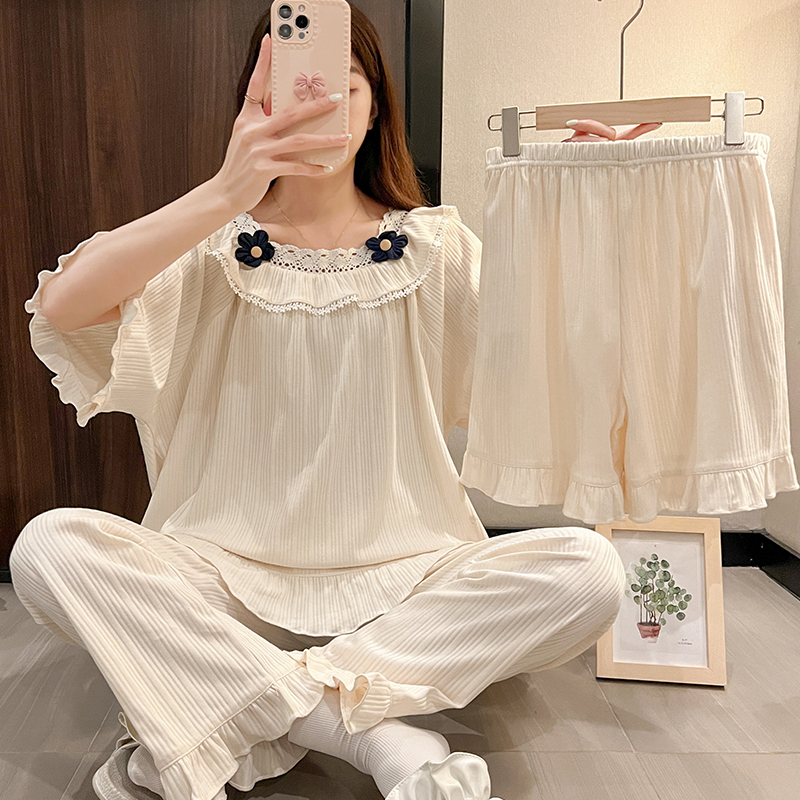 Real photo pajamas women's combed cotton short sleeve 2022 New Cute loose large premium three piece set