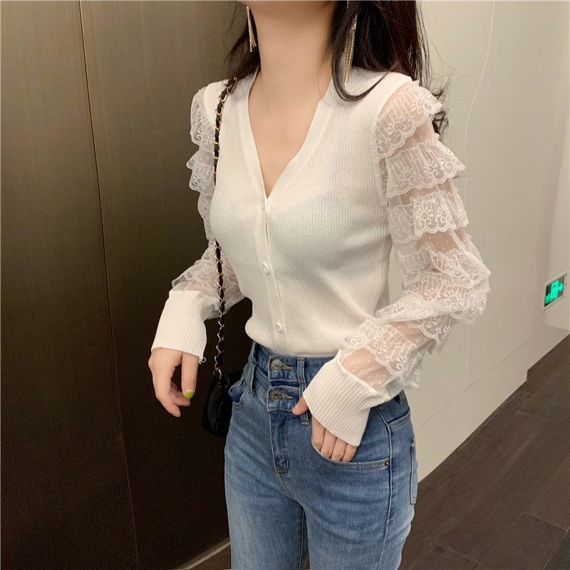 Real shot V-neck single breasted lace stitching Lantern Sleeve long sleeve cardigan top real price