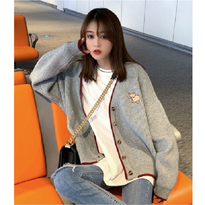 2021 autumn new Korean V-neck college style lazy style knitted cardigan women's loose short sweater jacket fashion