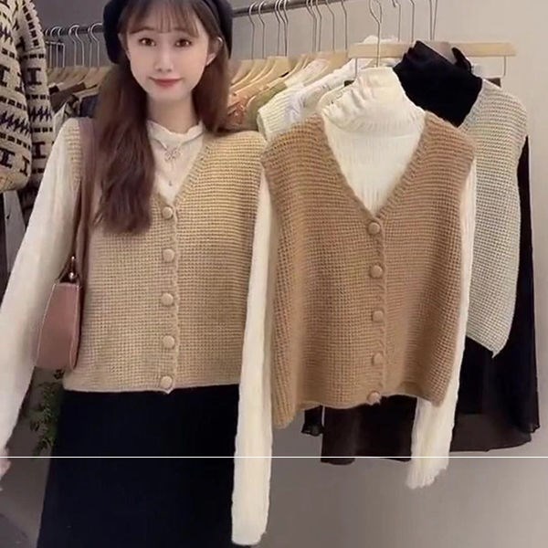 Vest, vest, cardigan, women's inner stitching, versatile, loose Korean version, thin and gentle, short knitted waistcoat, bottomed vest