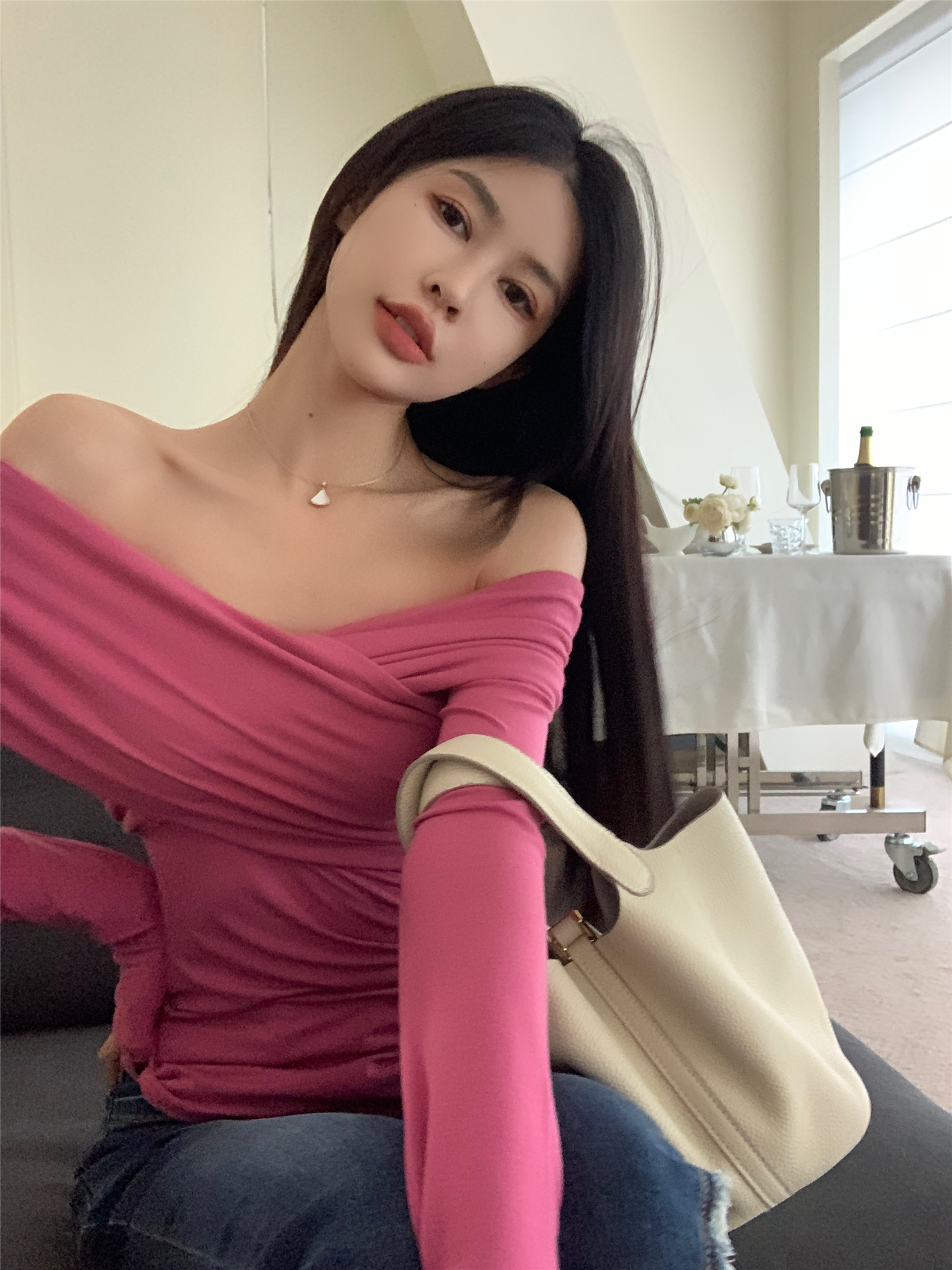 Real price one-shoulder sexy v-neck t-shirt tops spring and winter knitwear long-sleeved slim-fit solid color bottoming shirt