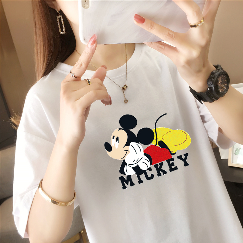 Real shot of Hong Kong Style Mickey Mouse half sleeve t-shirt female cartoon Mickey fashionable foreign style white top in summer