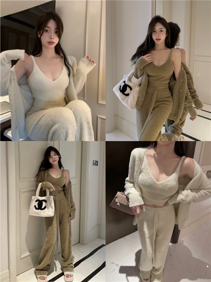 Real price~Pure desire sexy lazy imitation mink fur soft waxy thick coat vest wide-leg pants knitted three-piece suit