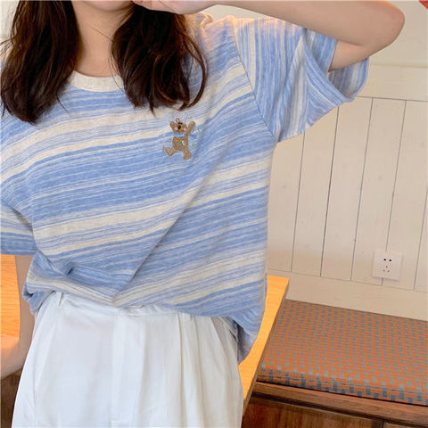 Official stripe bear short sleeve women's summer Korean style loose casual bottomed Shirt Top