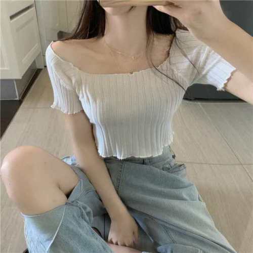 Black short short sleeve tight knit T-shirt women's new slim fit top in spring and summer 2020